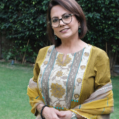 Mustard striped hand embroidered mangalgiri kurta with bagru print yoke, ajrakh salwar and lehriya kota doriya dupatta - Sohni