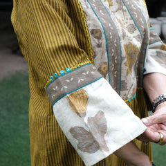 Mustard striped hand embroidered mangalgiri kurta with bagru print yoke, ajrakh salwar and lehriya kota doriya dupatta - Sohni