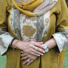 Mustard striped hand embroidered mangalgiri kurta with bagru print yoke, ajrakh salwar and lehriya kota doriya dupatta - Sohni