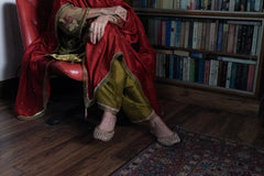 Olive Green kalidaar velvet kurta with silk salwar and red silk dupatta - Sohni