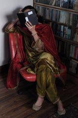 Olive Green kalidaar velvet kurta with silk salwar and red silk dupatta - Sohni