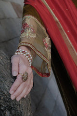 Olive Green kalidaar velvet kurta with silk salwar and red silk dupatta - Sohni