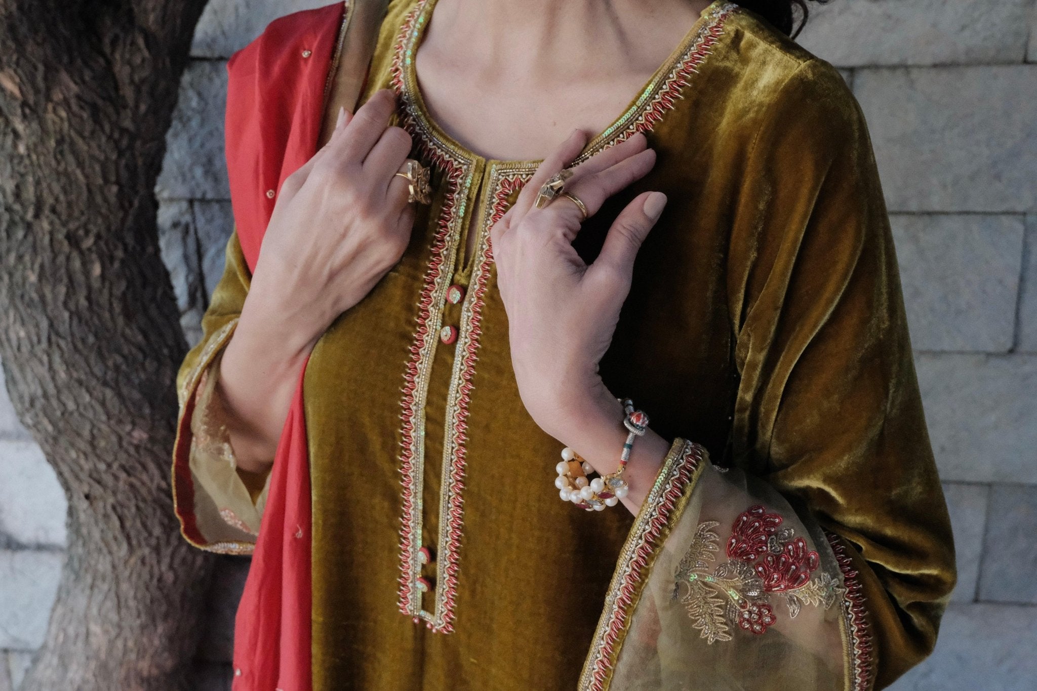 Olive Green kalidaar velvet kurta with silk salwar and red silk dupatta - Sohni