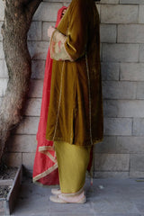 Olive Green kalidaar velvet kurta with silk salwar and red silk dupatta - Sohni