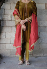 Olive Green kalidaar velvet kurta with silk salwar and red silk dupatta - Sohni