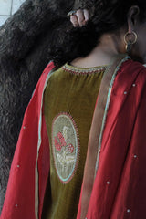 Olive Green kalidaar velvet kurta with silk salwar and red silk dupatta - Sohni