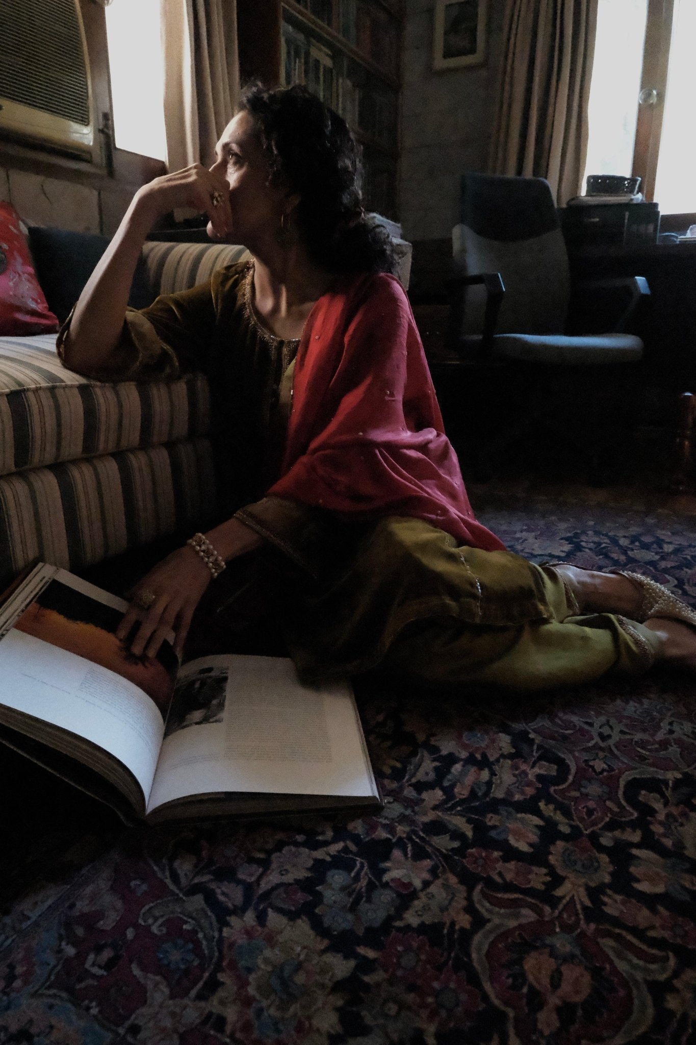 Olive Green kalidaar velvet kurta with silk salwar and red silk dupatta - Sohni