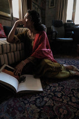 Olive Green kalidaar velvet kurta with silk salwar and red silk dupatta - Sohni