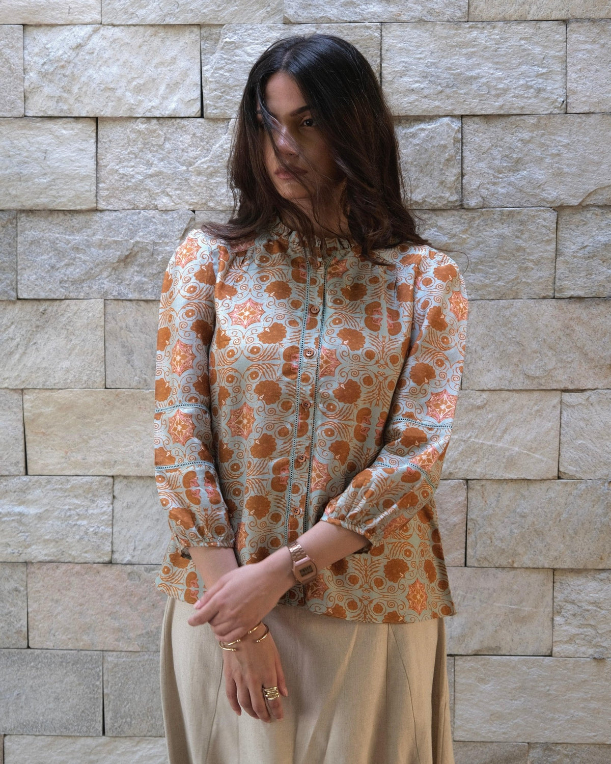 Pale cyan blue and brown vintage tile print muslin top with frilled collar - Sohni