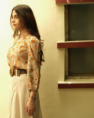 Pale cyan blue and brown vintage tile print muslin top with frilled collar - Sohni