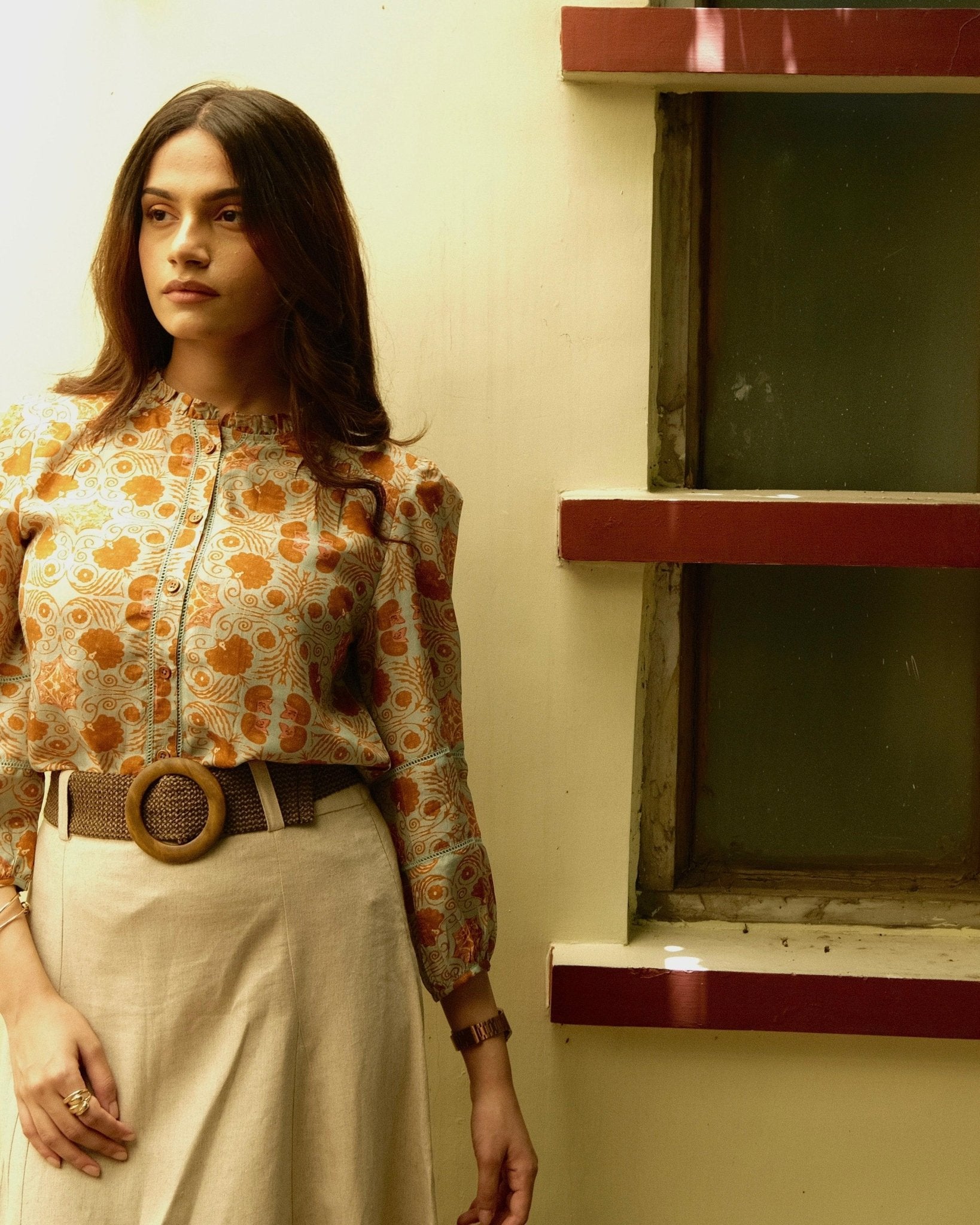 Pale cyan blue and brown vintage tile print muslin top with frilled collar - Sohni