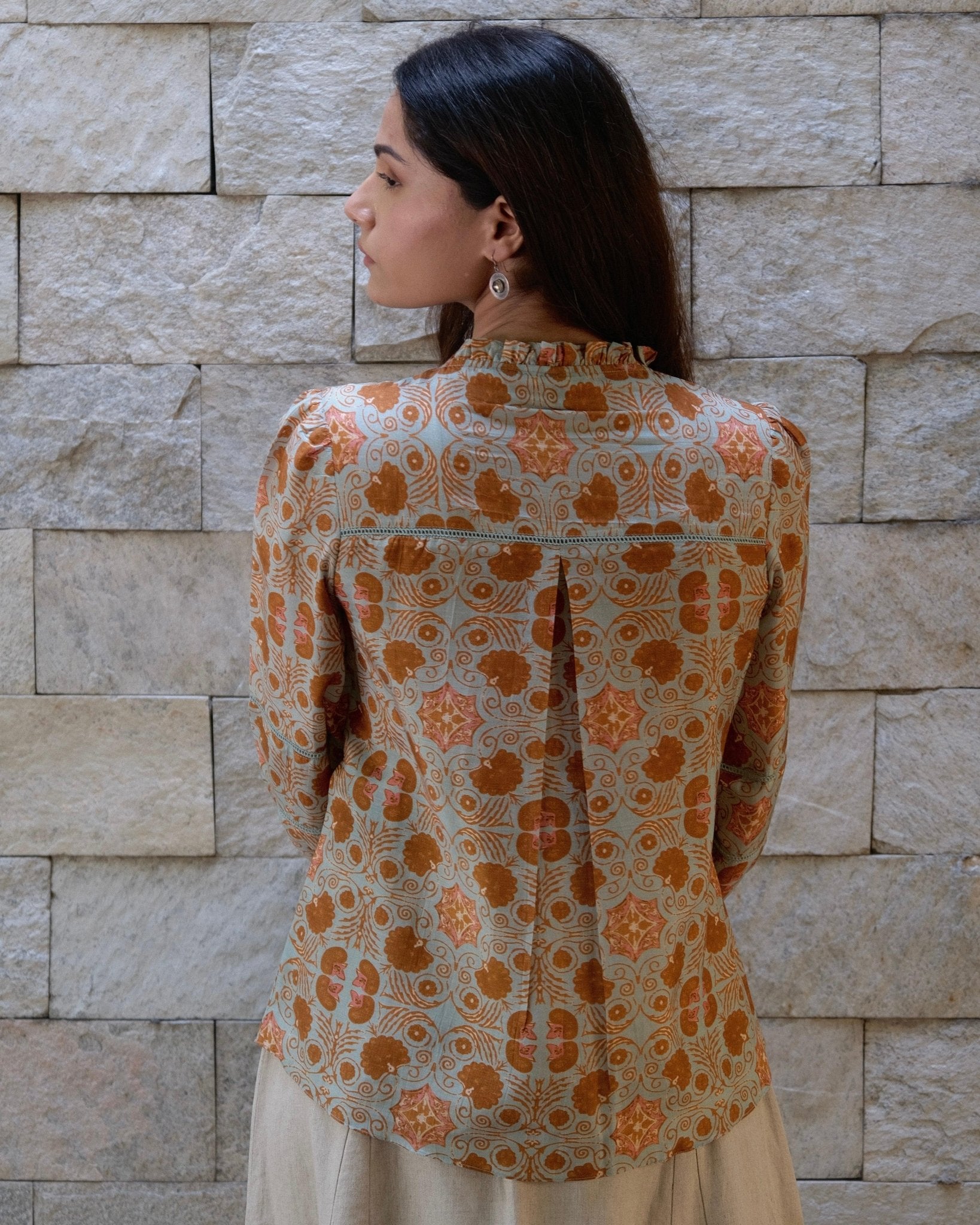 Pale cyan blue and brown vintage tile print muslin top with frilled collar - Sohni