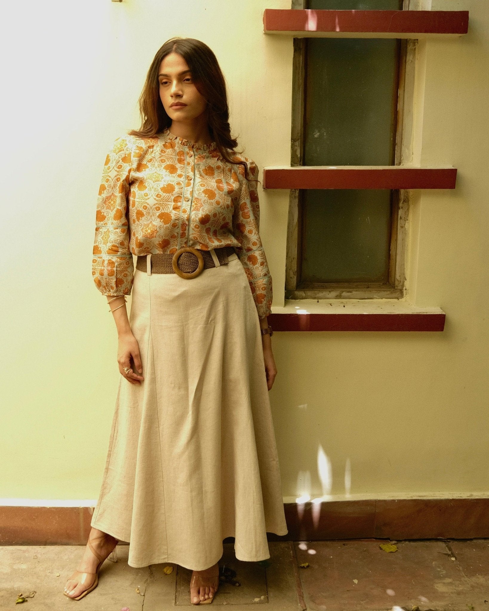 Pale cyan blue and brown vintage tile print muslin top with frilled collar - Sohni