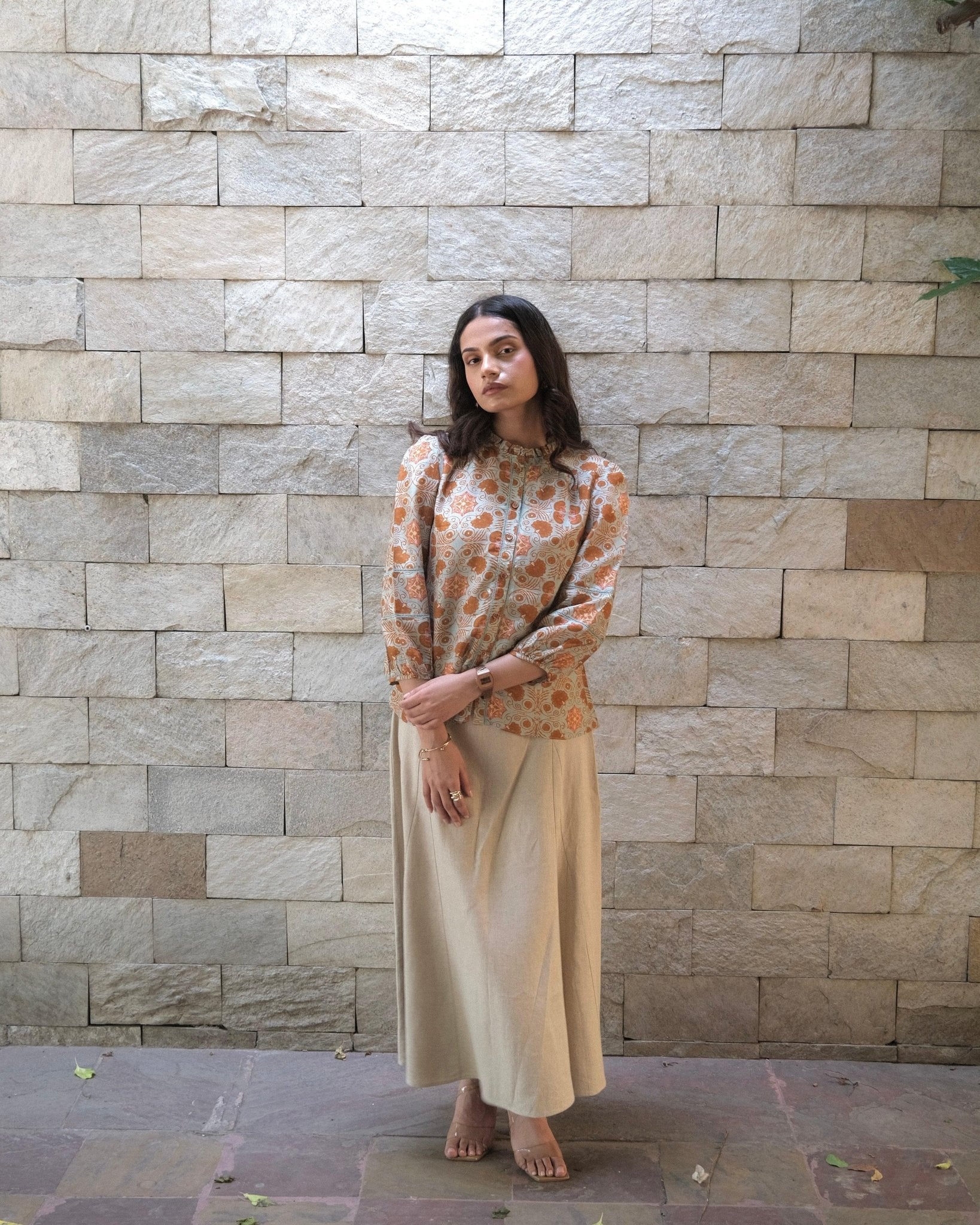 Pale cyan blue and brown vintage tile print muslin top with frilled collar - Sohni