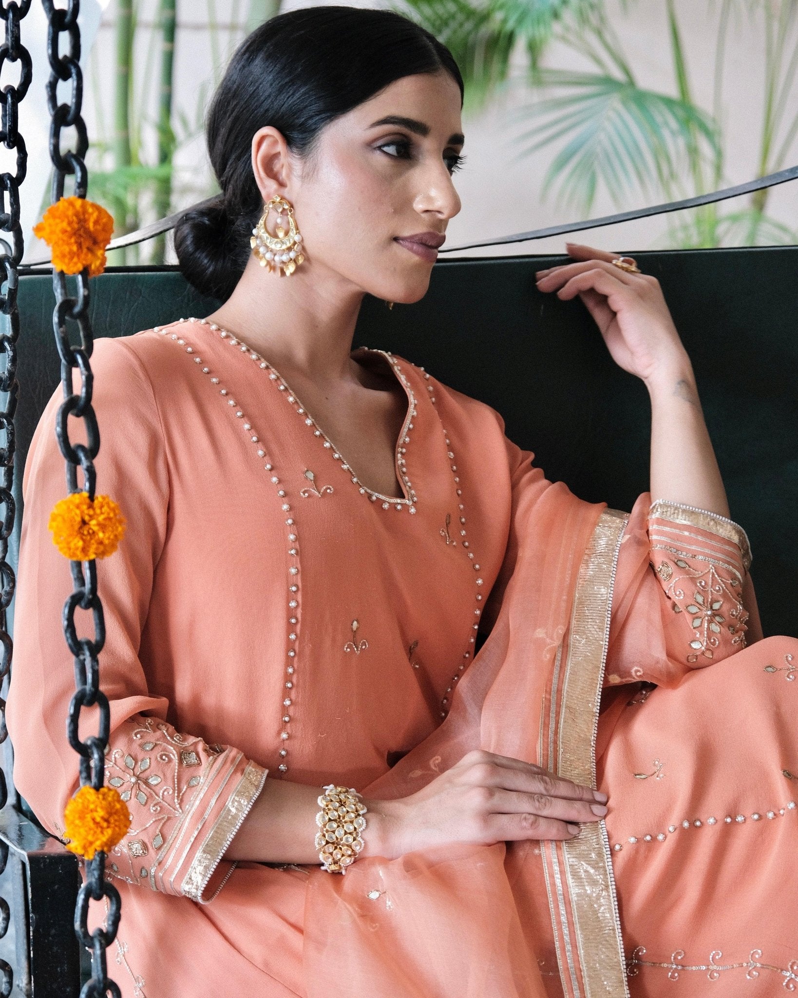 Peach gota patti kurta pants set with organza dupatta - Sohni