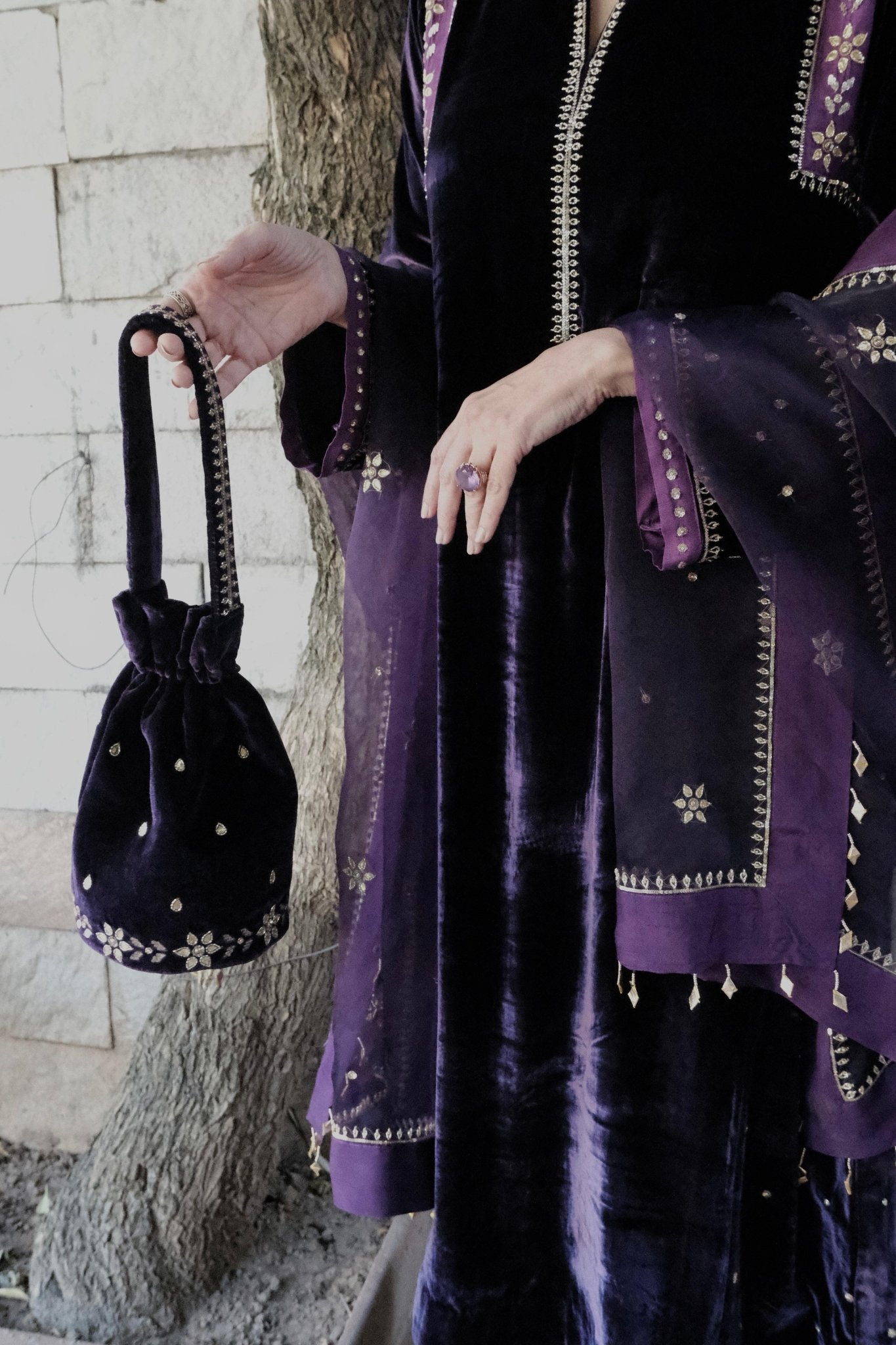 Purple gota flowers kalidaar velvet kurta and silk pants with organza dupatta - Sohni