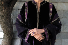 Purple gota flowers kalidaar velvet kurta and silk pants with organza dupatta - Sohni