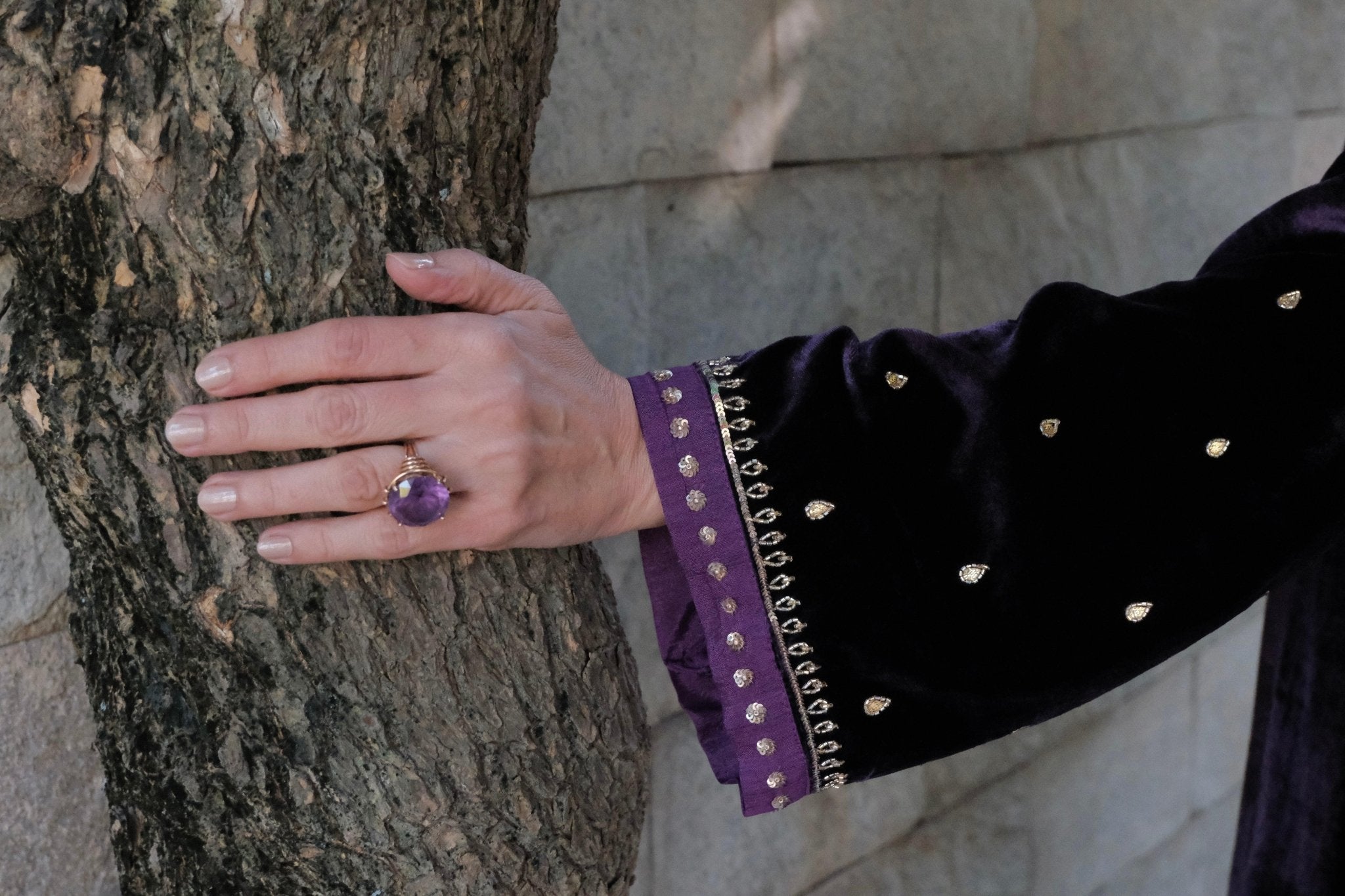 Purple gota flowers kalidaar velvet kurta and silk pants with organza dupatta - Sohni