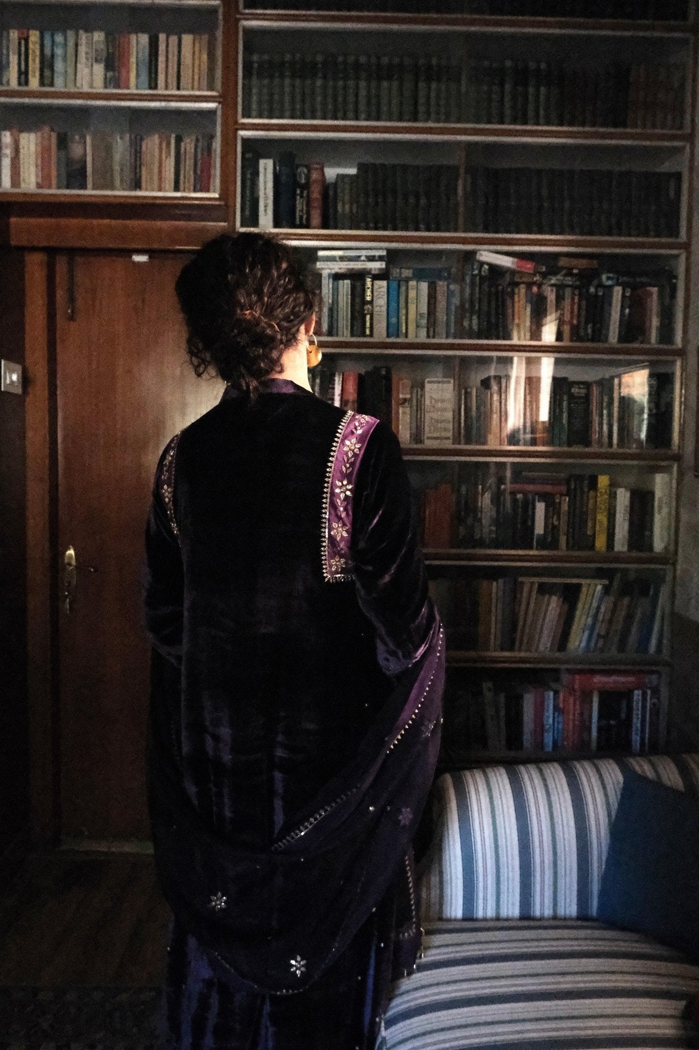 Purple gota flowers kalidaar velvet kurta and silk pants with organza dupatta - Sohni