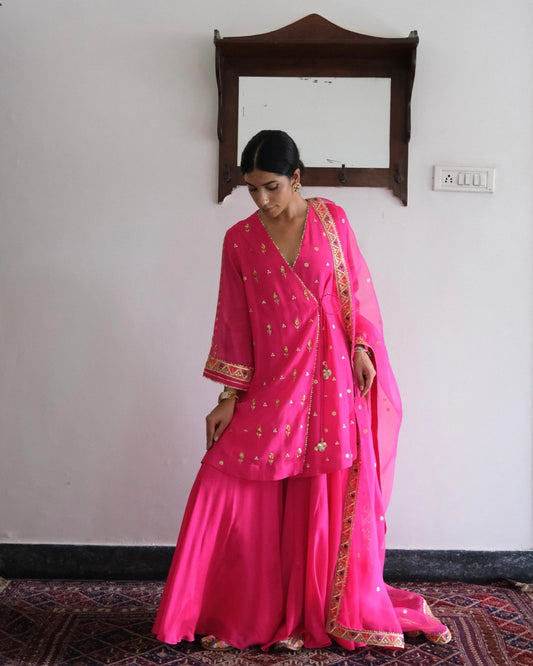 Rani pink gota patti angrakha with garara and organza dupatta - Sohni