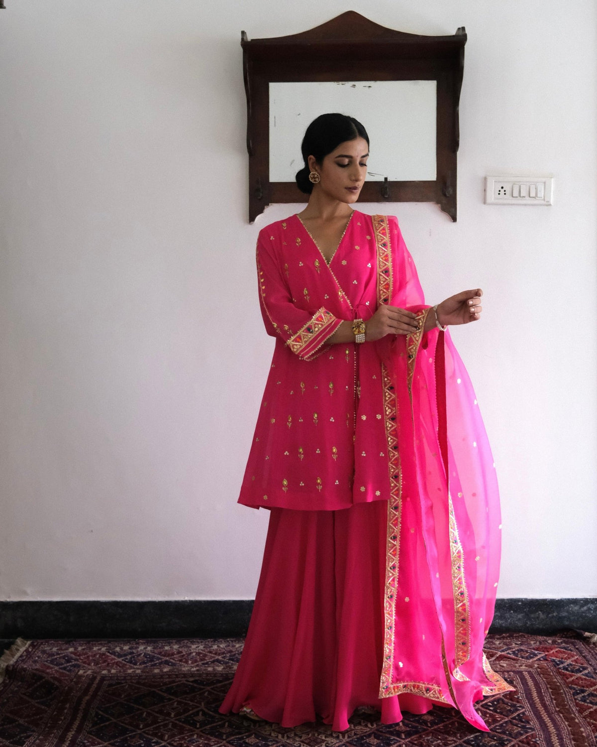 Rani pink gota patti angrakha with garara and organza dupatta - Sohni