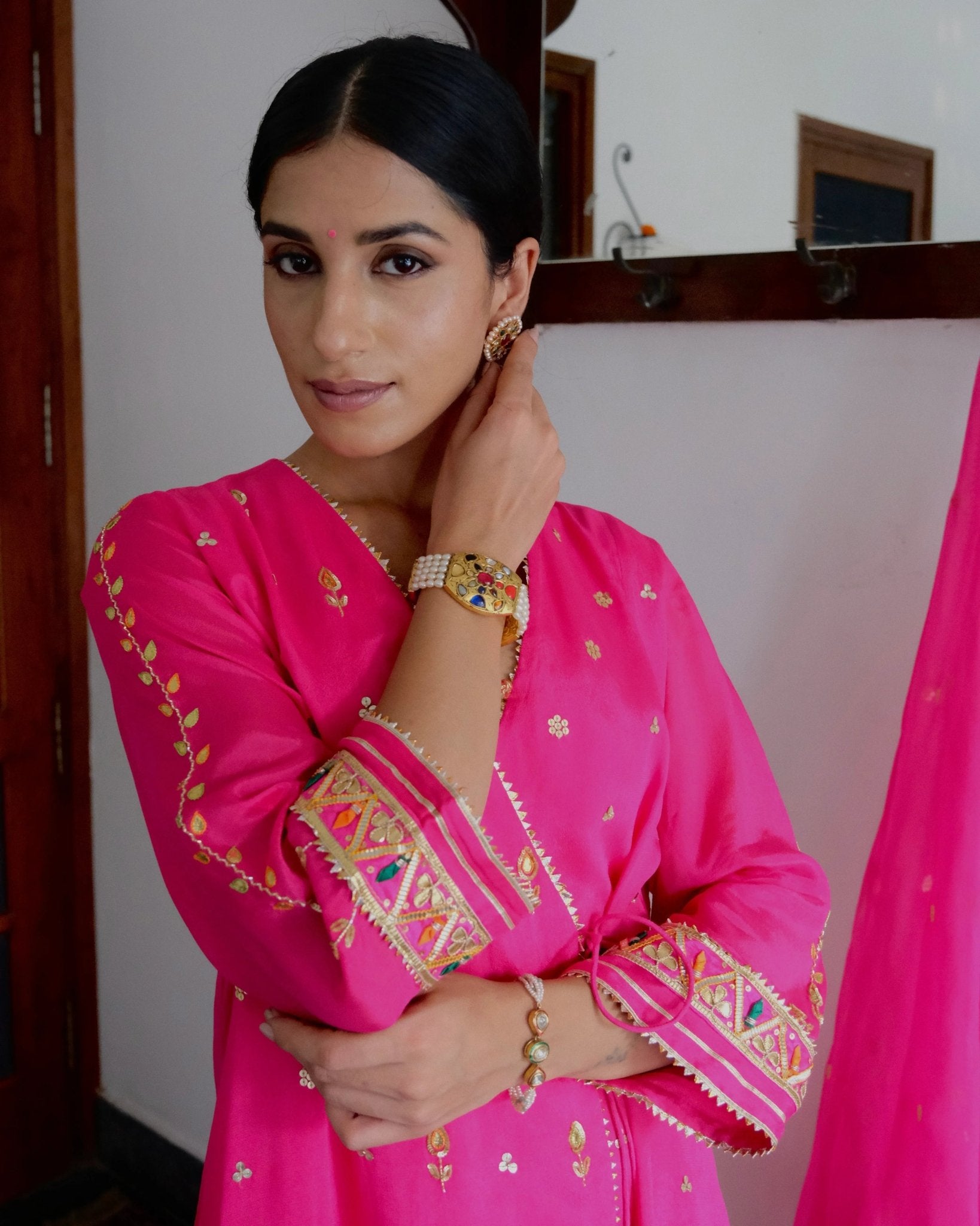 Rani pink gota patti angrakha with garara and organza dupatta - Sohni