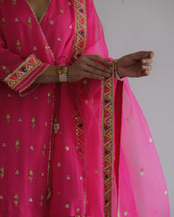 Rani pink gota patti angrakha with garara and organza dupatta - Sohni