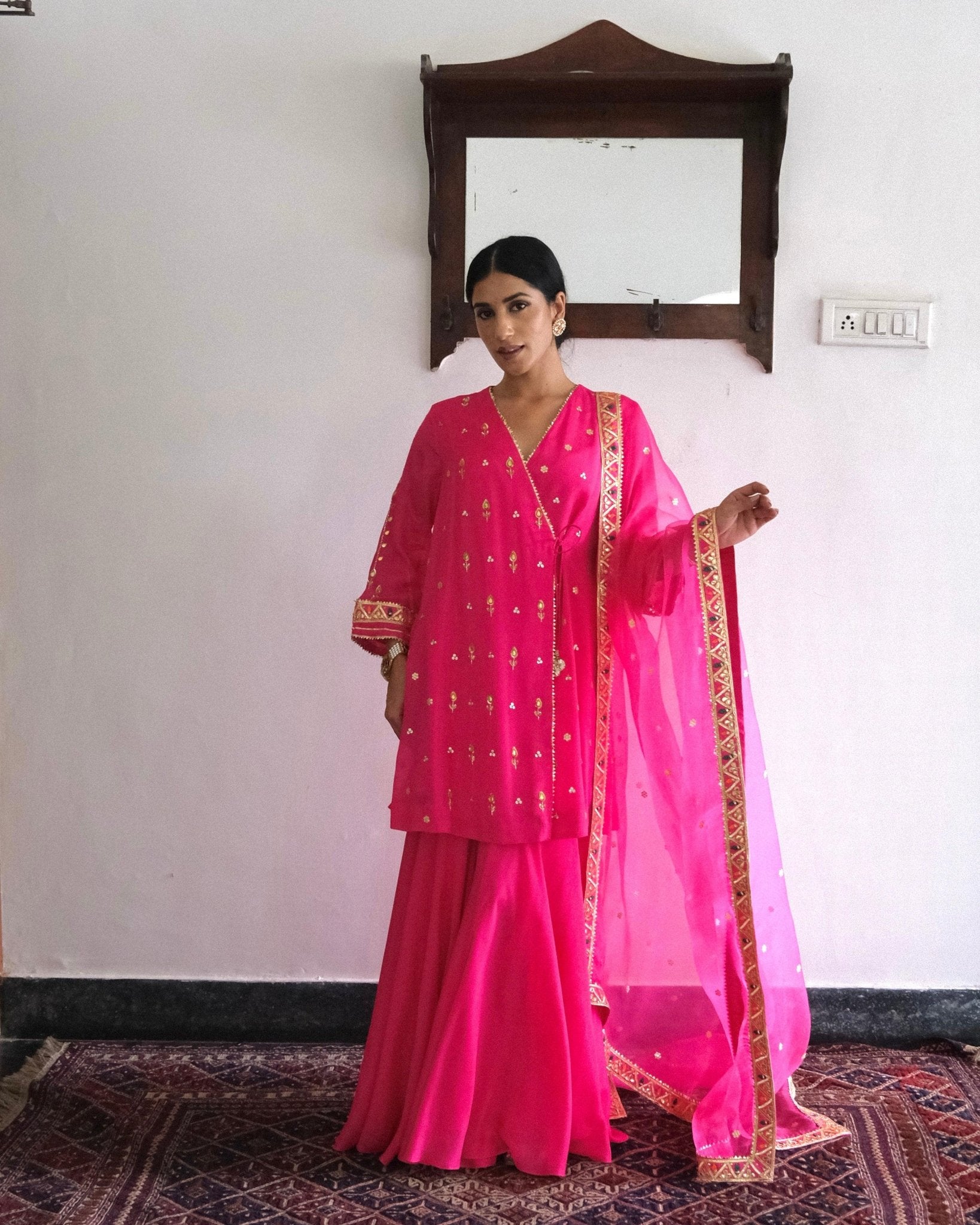 Rani pink gota patti angrakha with garara and organza dupatta - Sohni