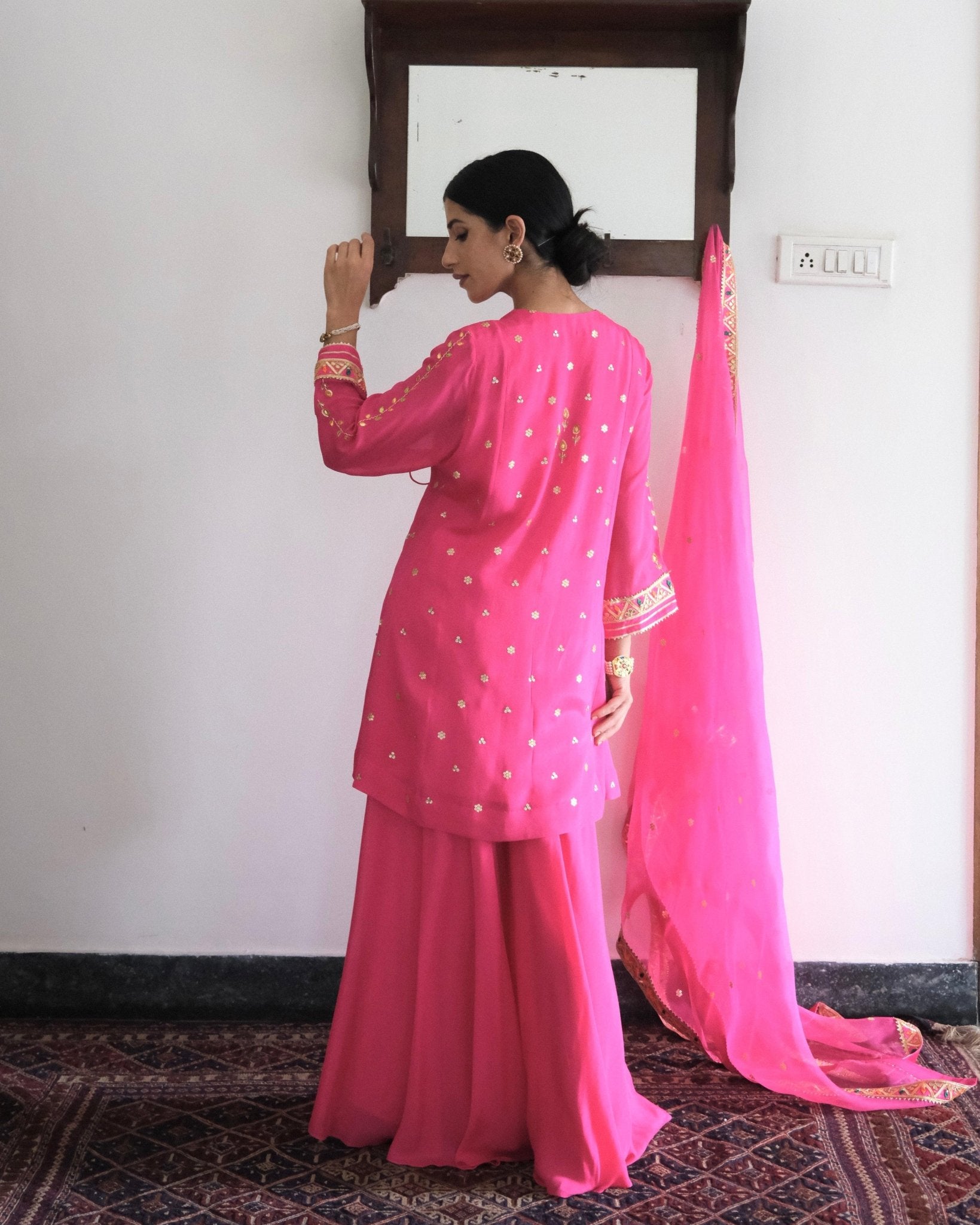 Rani pink gota patti angrakha with garara and organza dupatta - Sohni