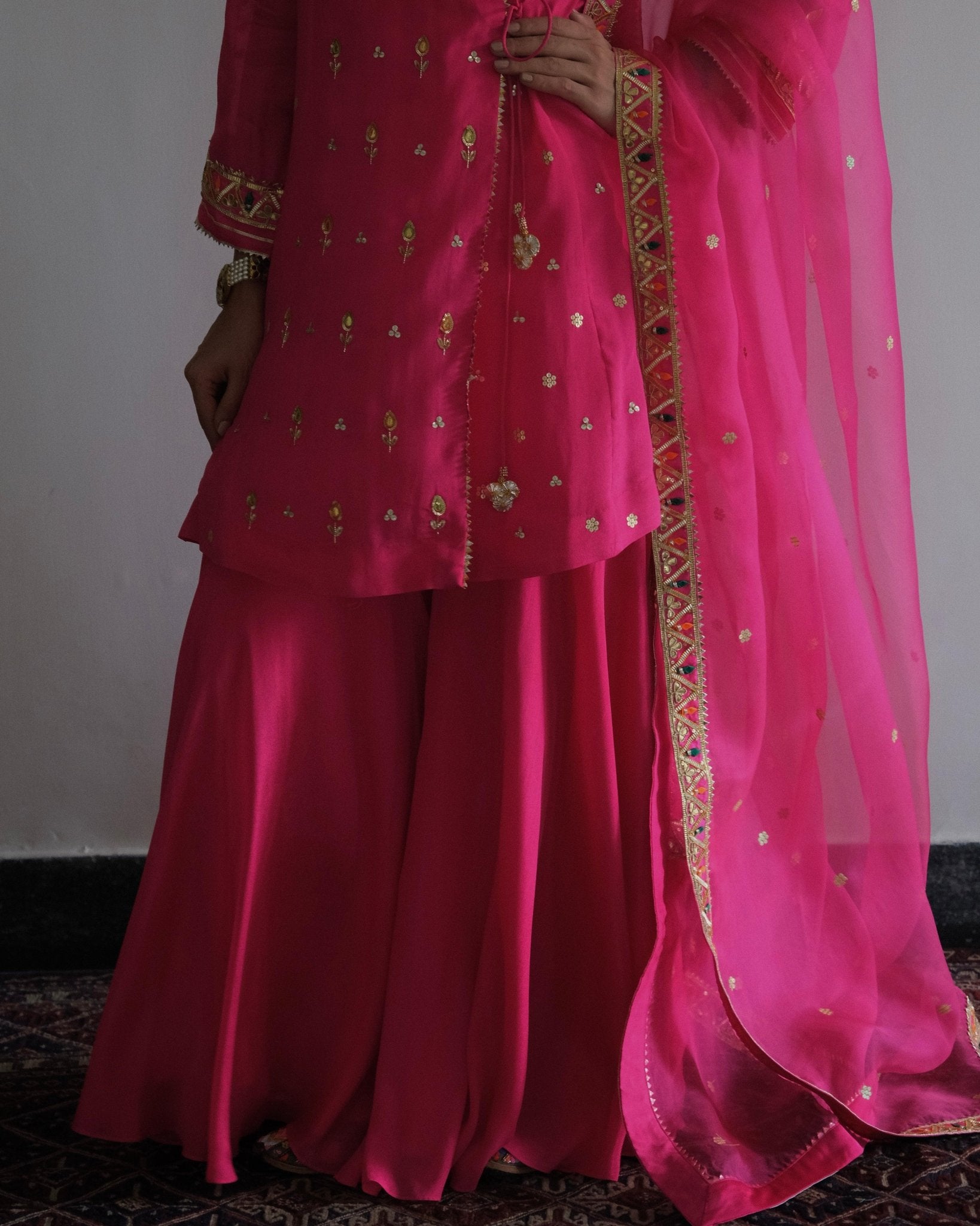 Rani pink gota patti angrakha with garara and organza dupatta - Sohni