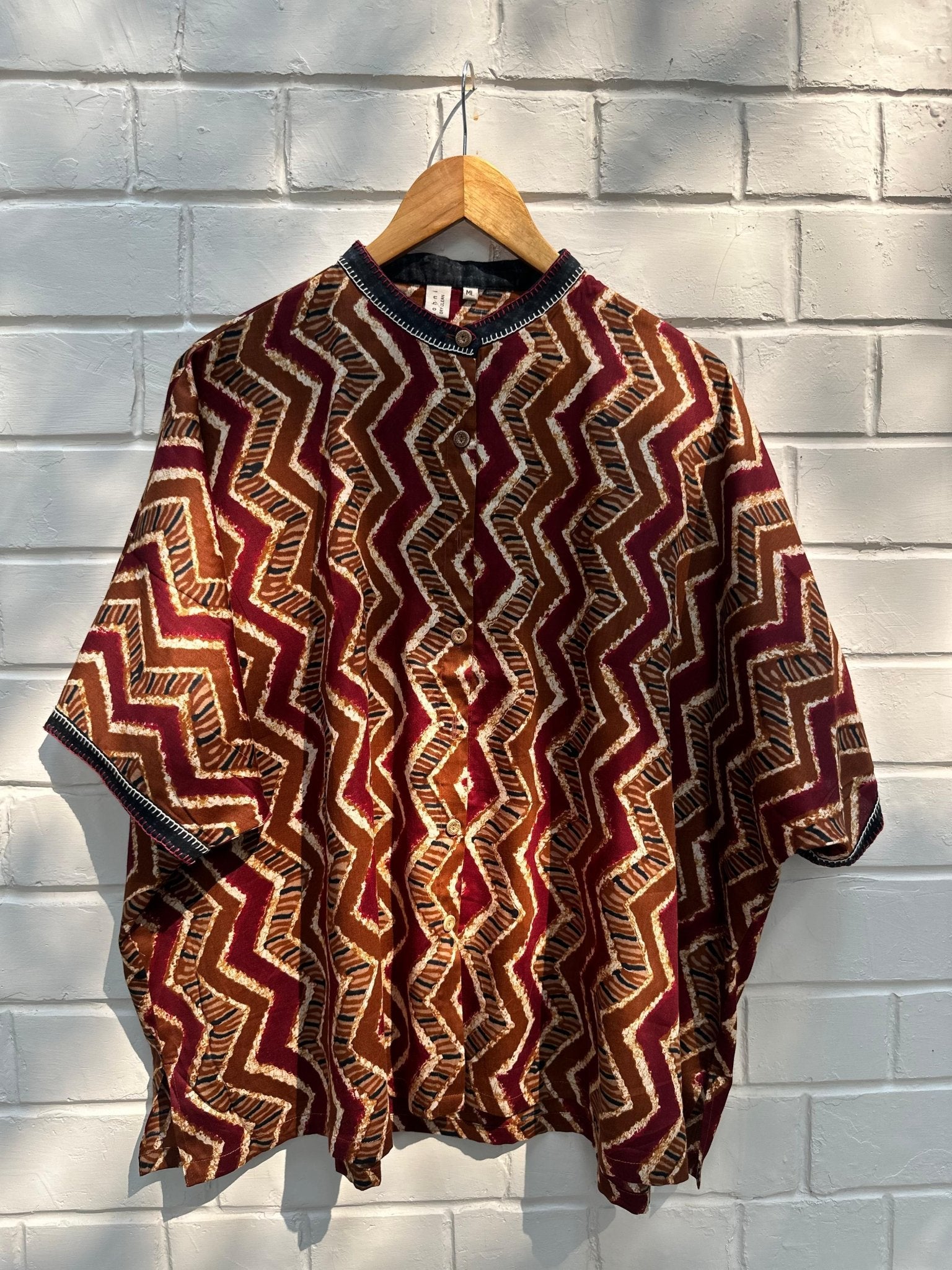 Red camel zig zag dabu print cotton satin kaftan top - Sohni