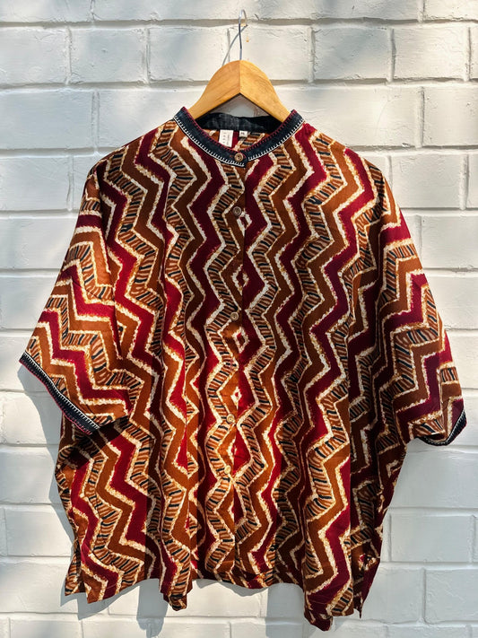 Red camel zig zag dabu print cotton satin kaftan top - Sohni