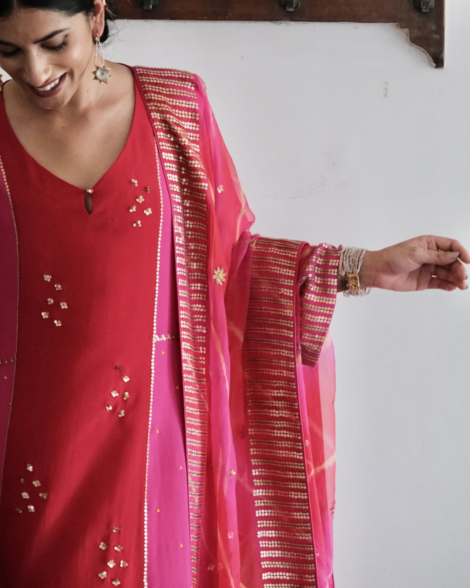 Red fuschia colour block kurta and salwar with lehriya organza dupatta - Sohni