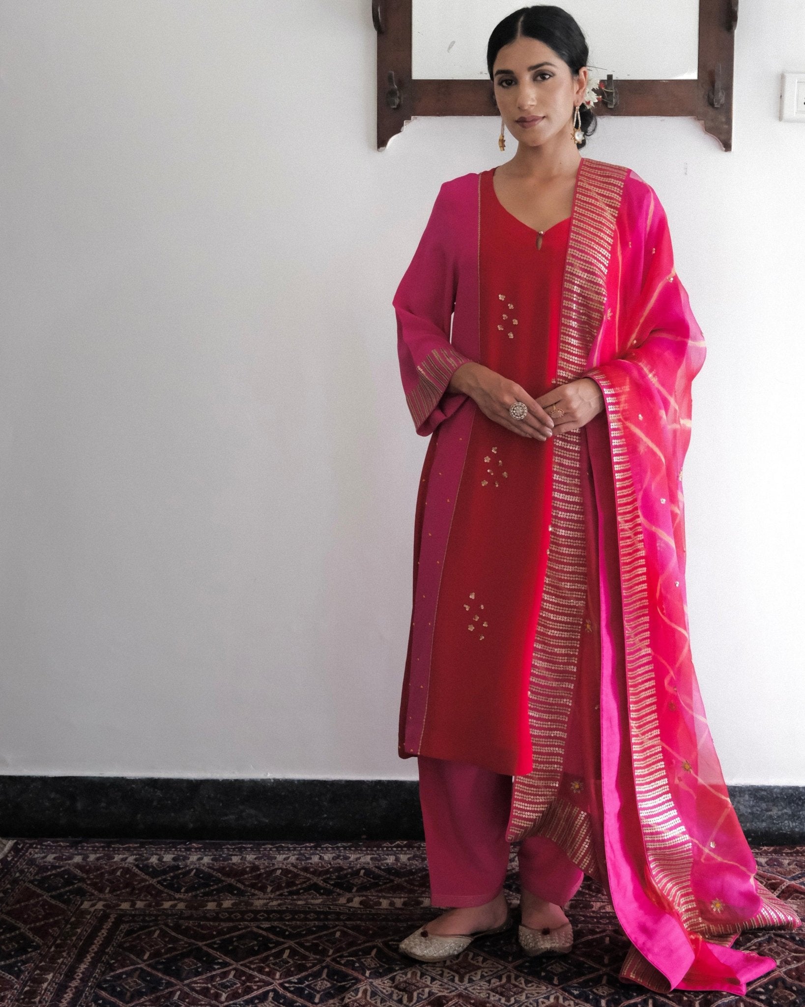 Red fuschia colour block kurta and salwar with lehriya organza dupatta - Sohni