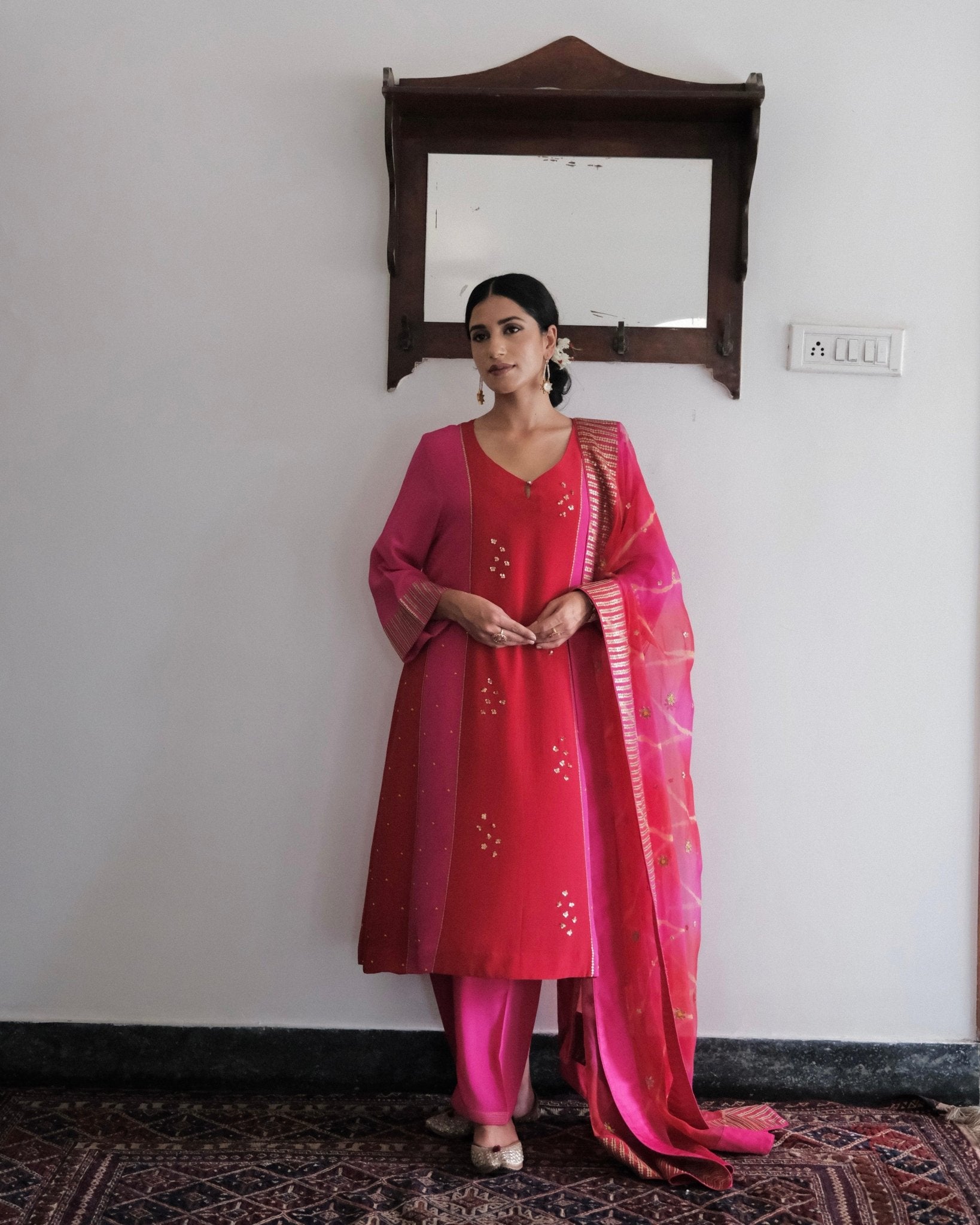 Red fuschia colour block kurta and salwar with lehriya organza dupatta - Sohni