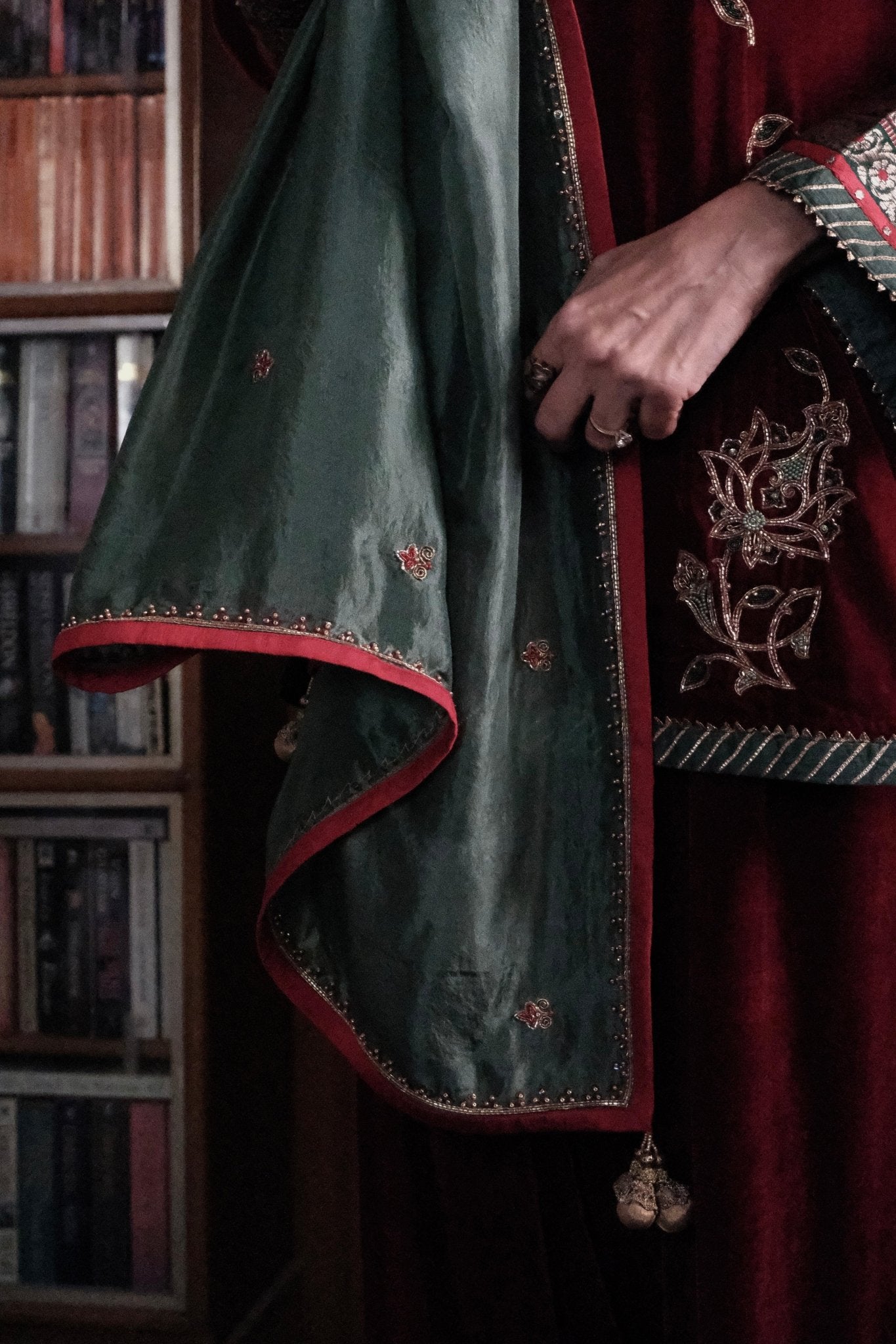 Red short kurta and salwar velvet set with green silk dupatta - Sohni