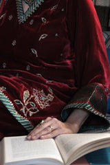 Red short kurta and salwar velvet set with green silk dupatta - Sohni