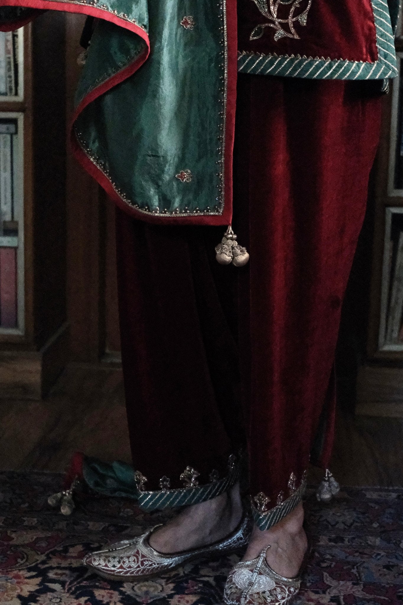 Red short kurta and salwar velvet set with green silk dupatta - Sohni