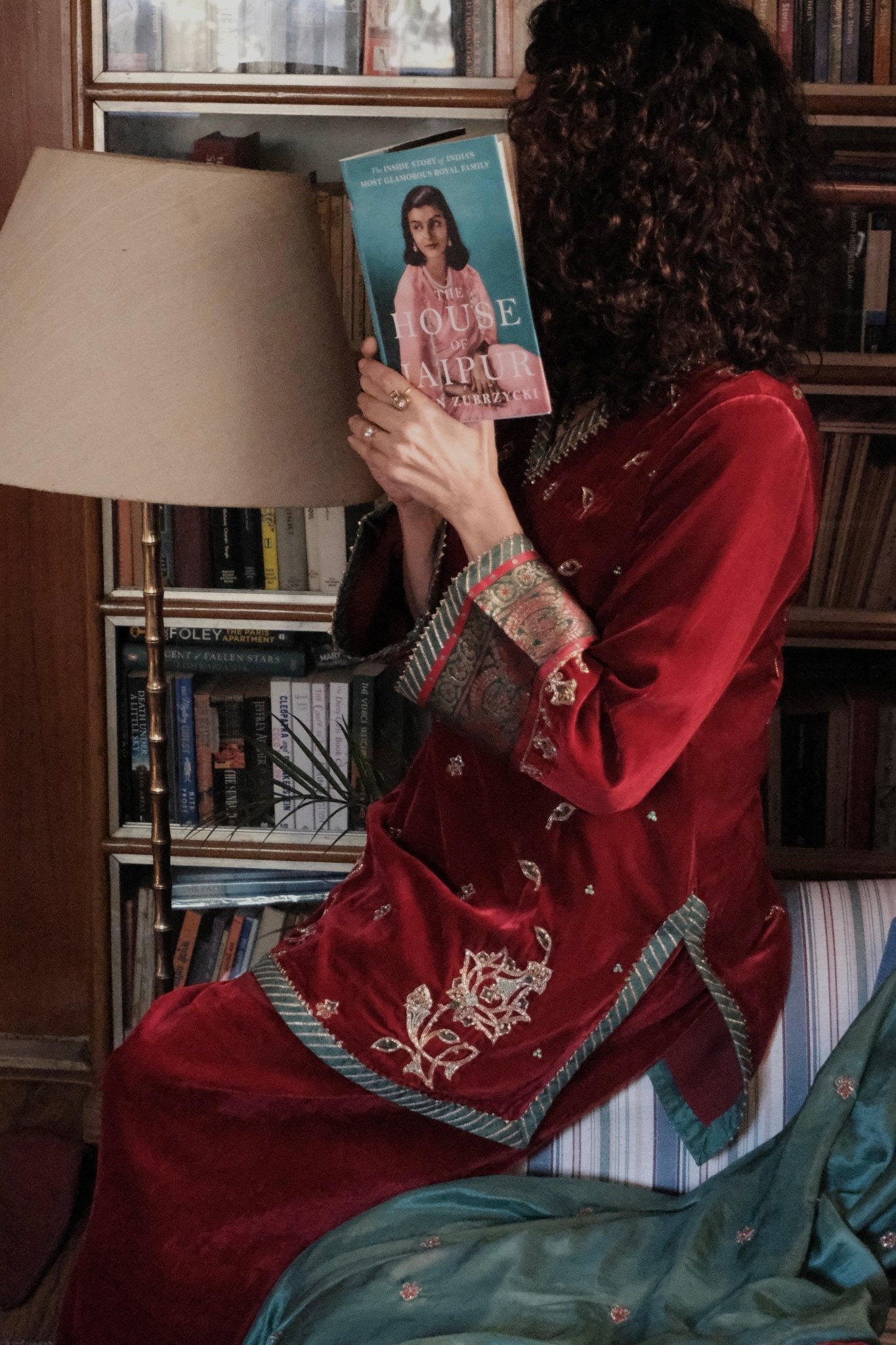 Red short kurta and salwar velvet set with green silk dupatta - Sohni