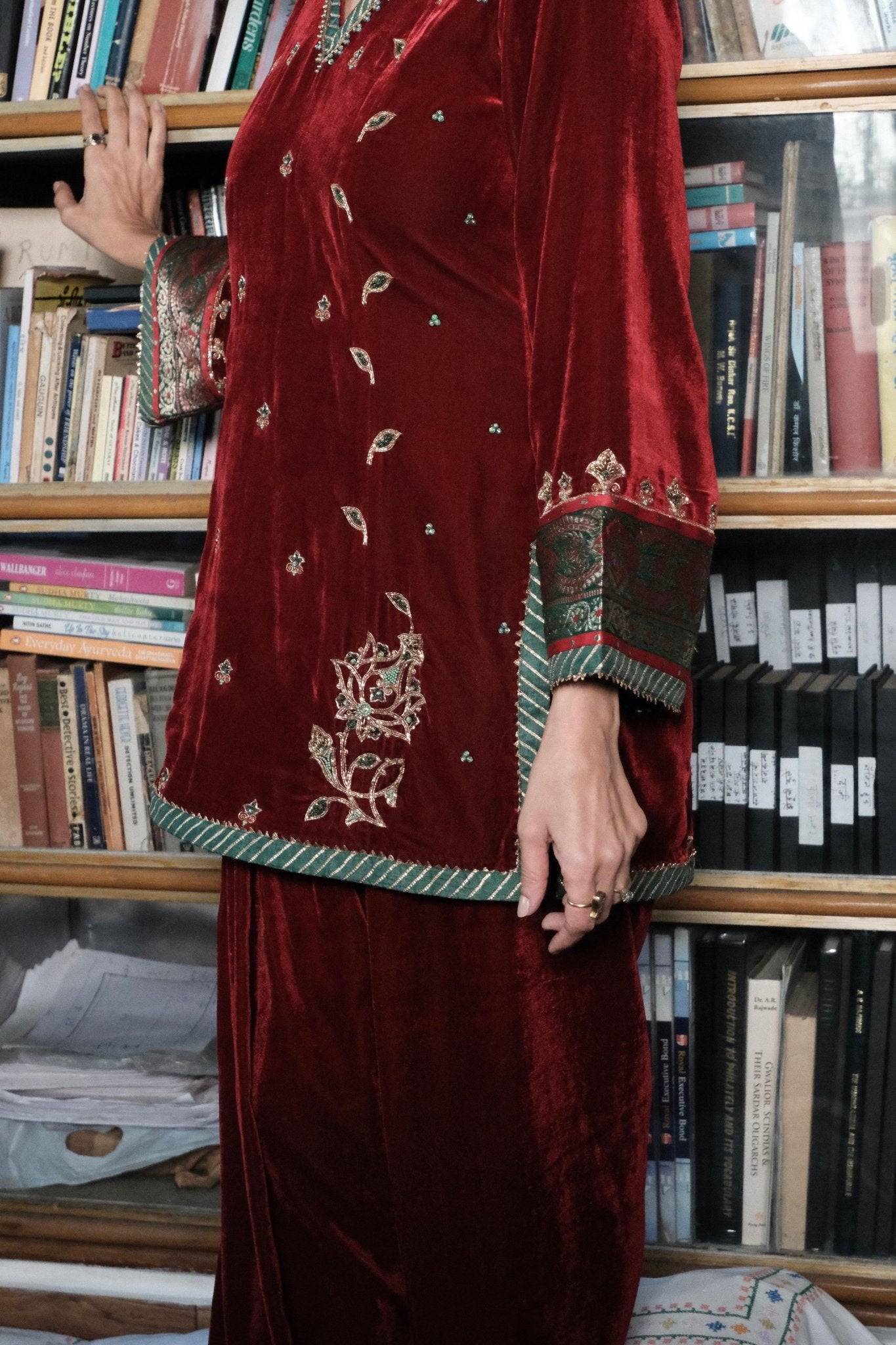 Red short kurta and salwar velvet set with green silk dupatta - Sohni
