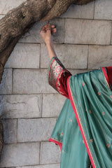 Red short kurta and salwar velvet set with green silk dupatta - Sohni