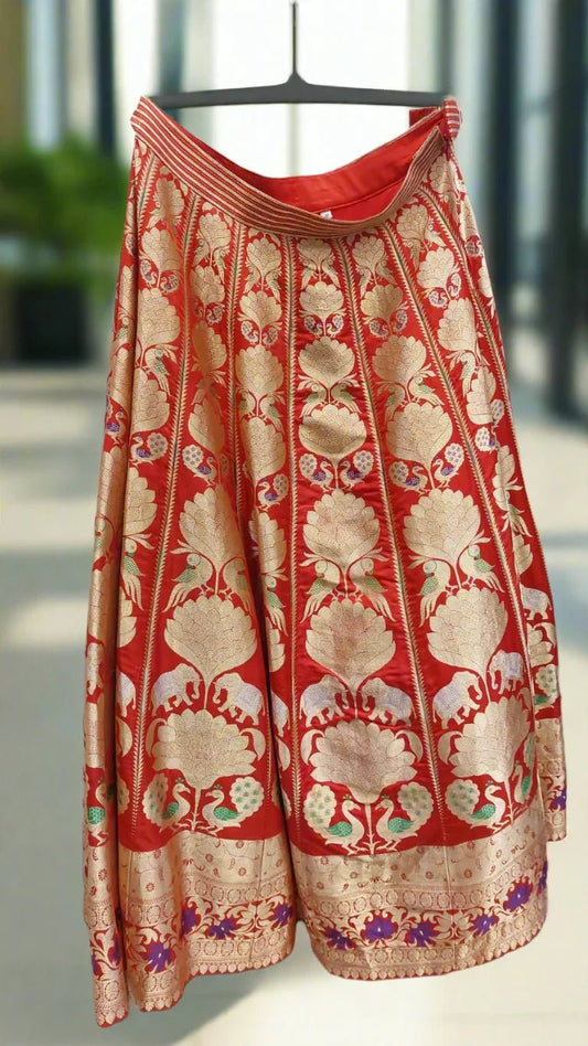 Red silk banarsi handwoven lehenga skirt with peacock motifs - Sohni