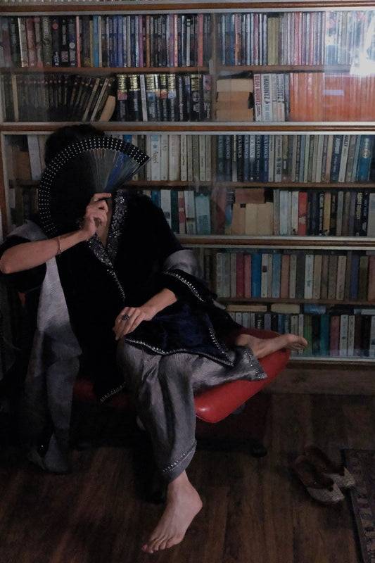 Royal blue velvet kimono with tissue salwar and tissue organza dupatta - Sohni