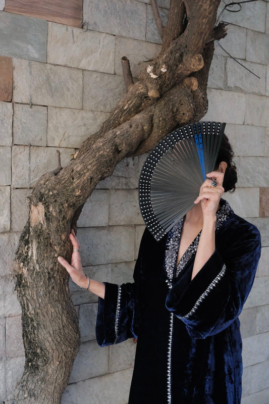 Royal blue velvet kimono with tissue salwar and tissue organza dupatta - Sohni