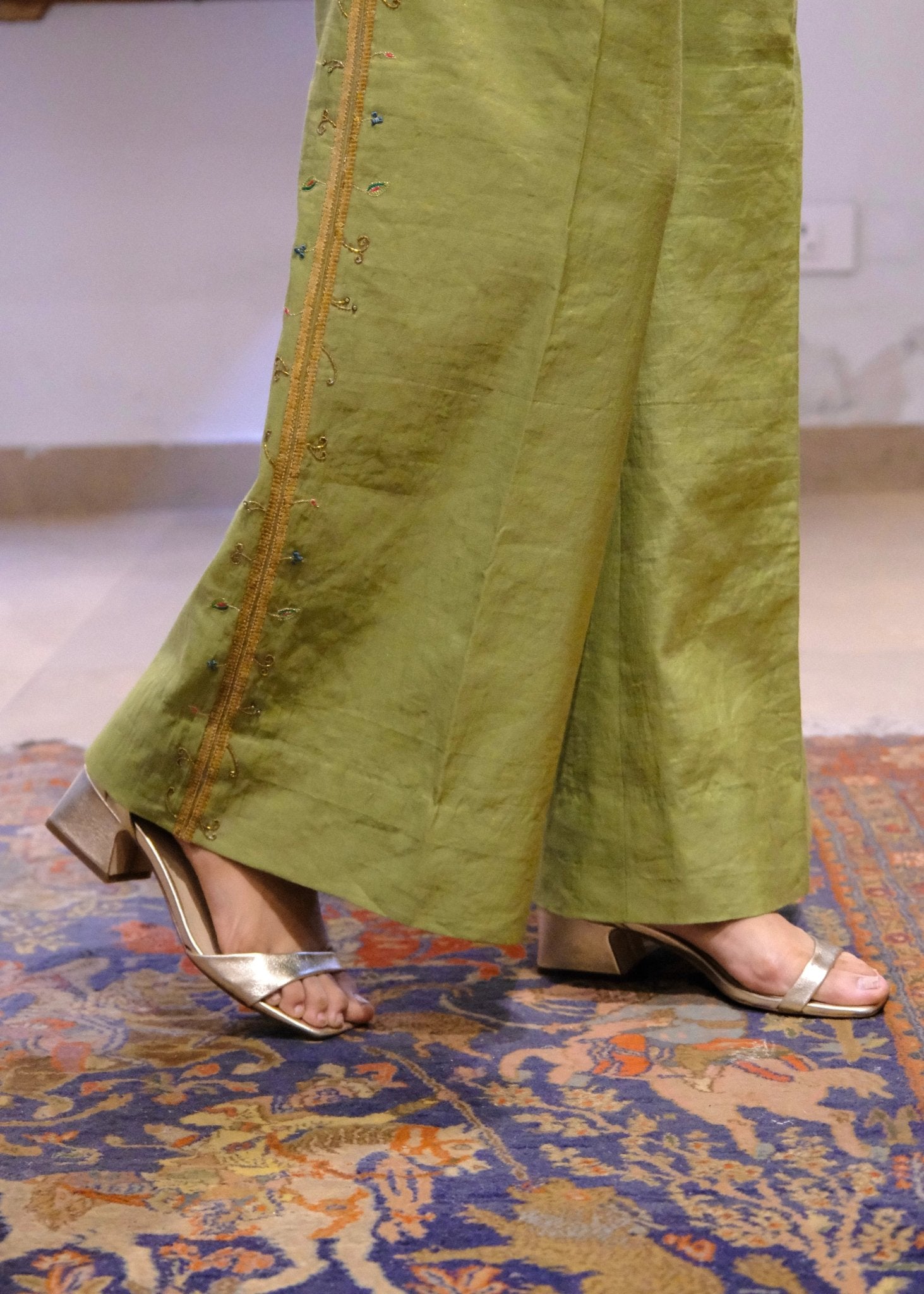 Sap green striped chanderi double breasted waistcoat and wide pants with delicate floral bels embroidery - Sohni