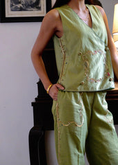 Sap green striped chanderi double breasted waistcoat and wide pants with delicate floral bels embroidery - Sohni