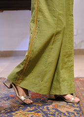Sap green striped chanderi double breasted waistcoat and wide pants with delicate floral bels embroidery - Sohni