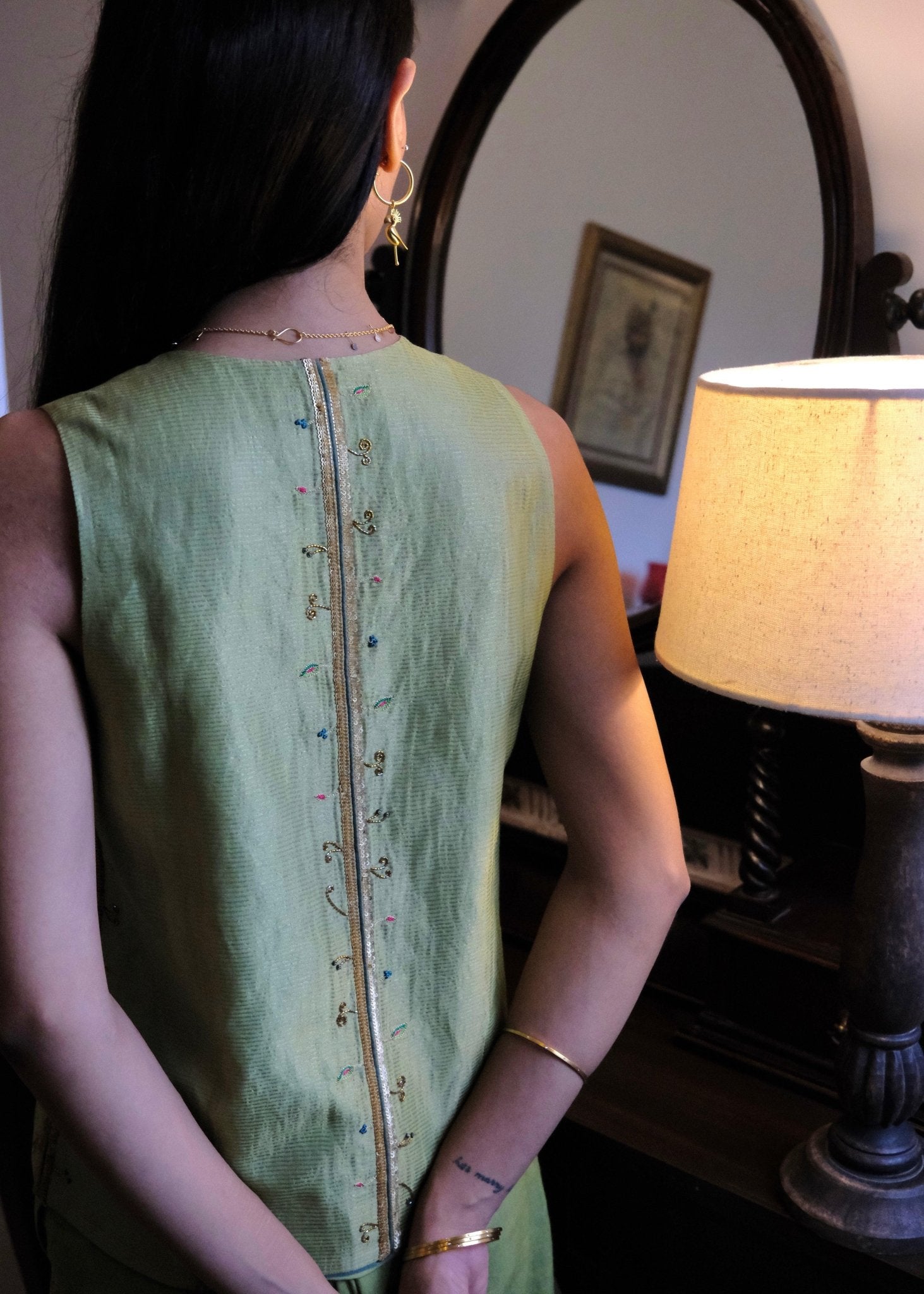Sap green striped chanderi double breasted waistcoat and wide pants with delicate floral bels embroidery - Sohni