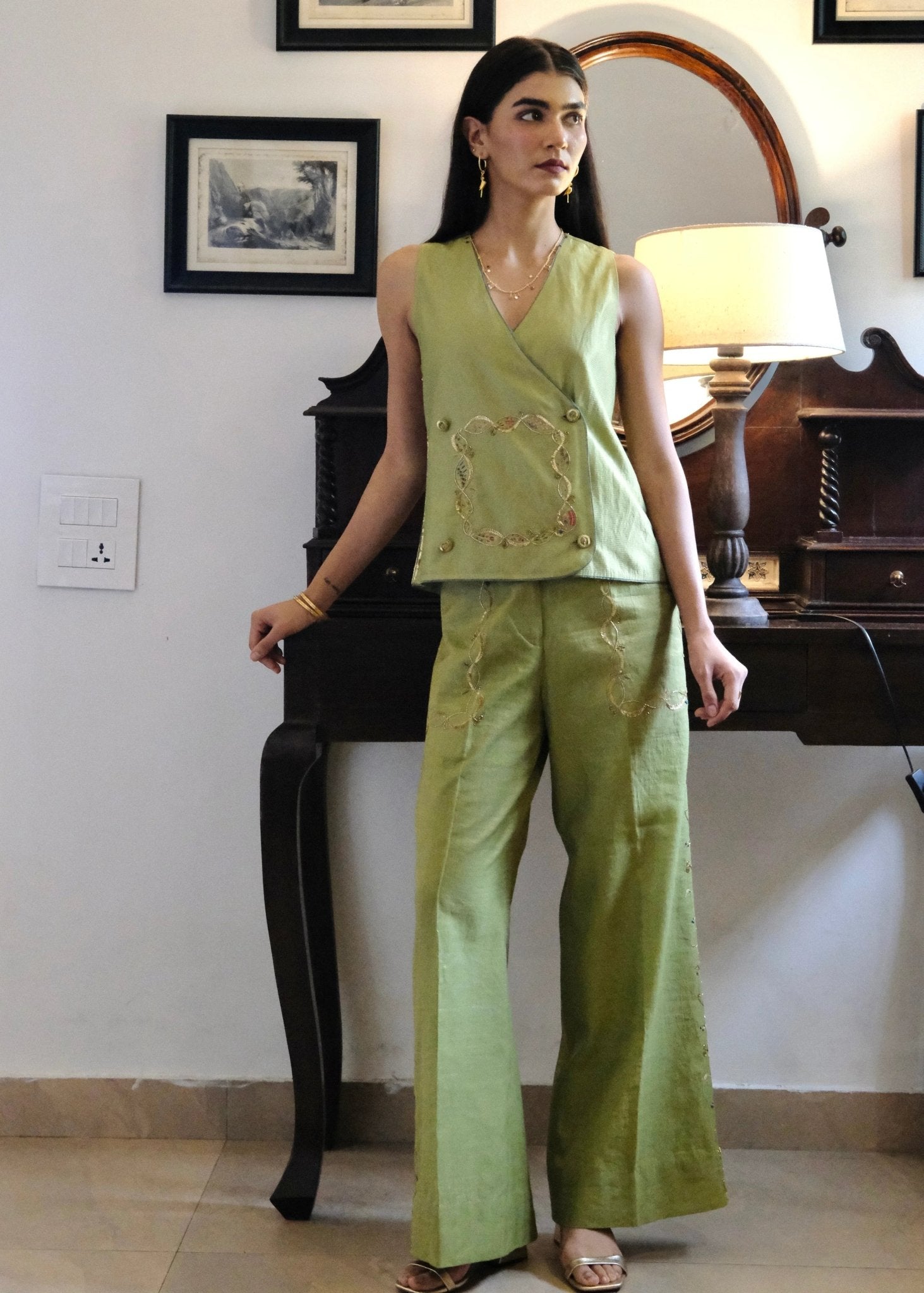 Sap green striped chanderi double breasted waistcoat and wide pants with delicate floral bels embroidery - Sohni