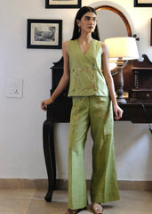 Sap green striped chanderi double breasted waistcoat and wide pants with delicate floral bels embroidery - Sohni